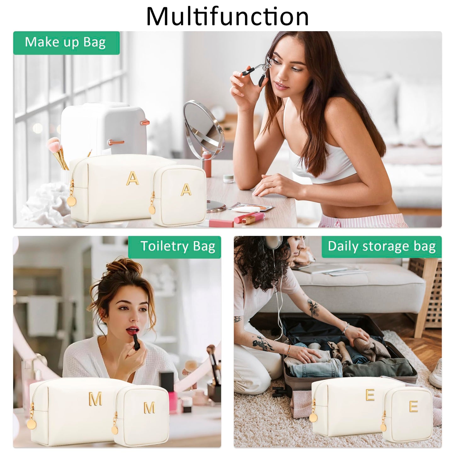 CLOUDWINGS Personalized Birthday Gifts for Women - Initial Makeup Bag Set Travel Toiletry Bag Cosmetic Bags Soft Waterproof PU Leather Makeup Pouch Travel Essentials (T, 2pcs Beige)