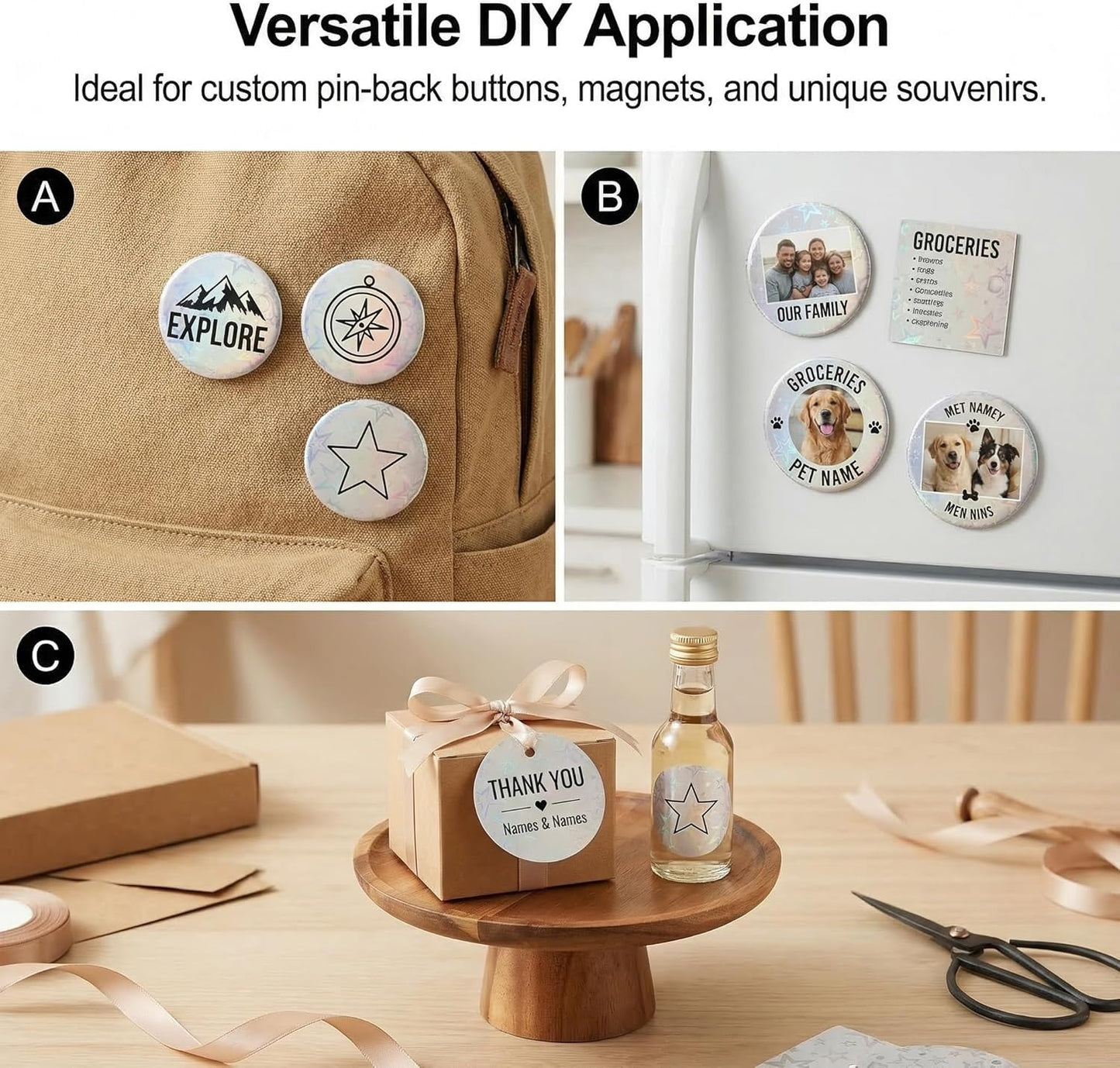 320Pcs Badge Protective Film, Button Maker Accessories Kit with Iridescent Film, 14 Styles Decorative Film, 1 Style Clear & 1 Style Printable Paper Inserts for 2.25 Inch (58mm) Badges