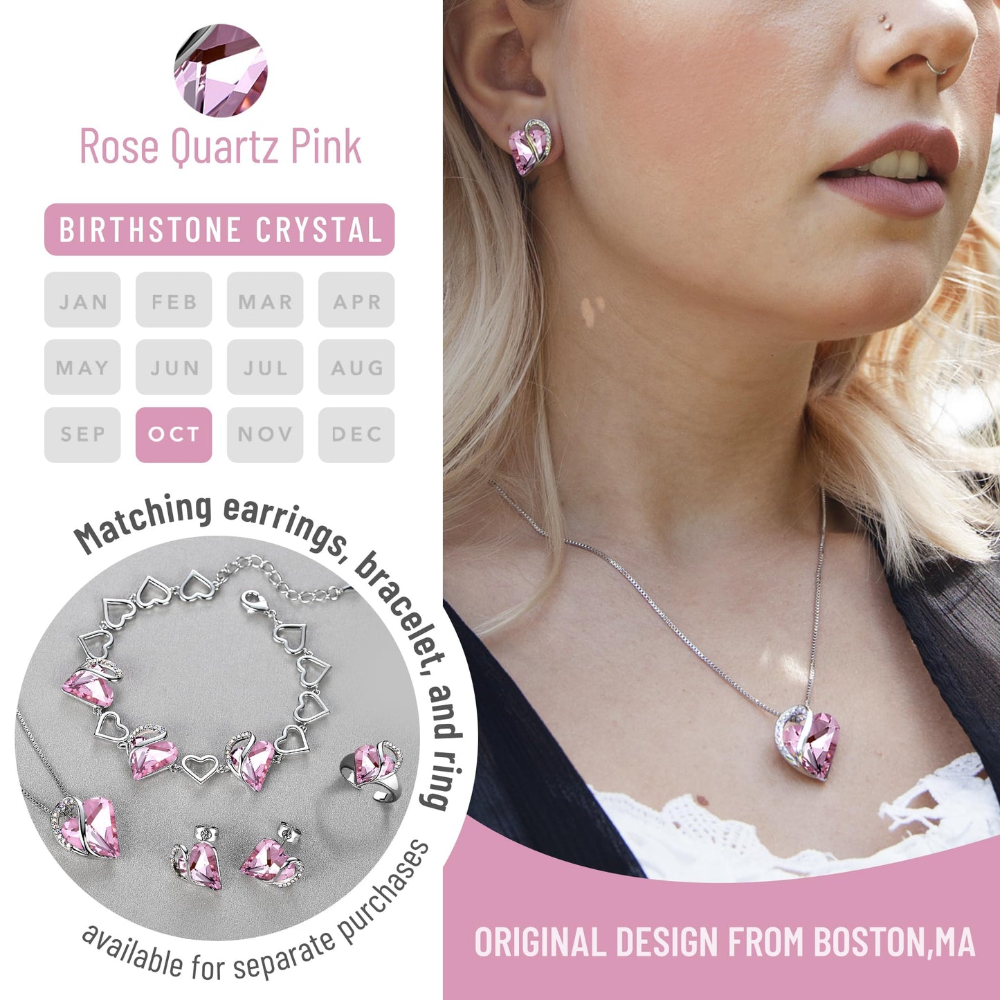 Leafael Gift Necklaces for Women, Infinity Love Birthstone Heart Pendant, Rose Quartz Pink Crystal for October, Birthday Jewelry for Her, Mom, and Wife, Silver Plated, 18" + 2" Chain