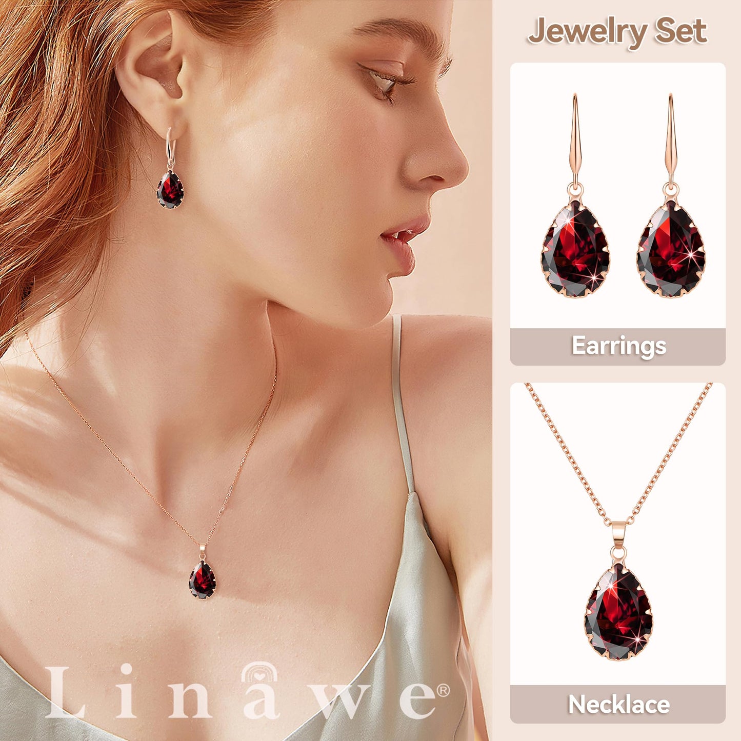 Linawe Ruby Crystal Jewelry Sets, Red Earring Necklace Rose Gold, Imitation Diamond Pendant Necklace, Rhinestone Dangle Earrings, Boho Wedding Rhinestone Cubic Zirconia Teardrop