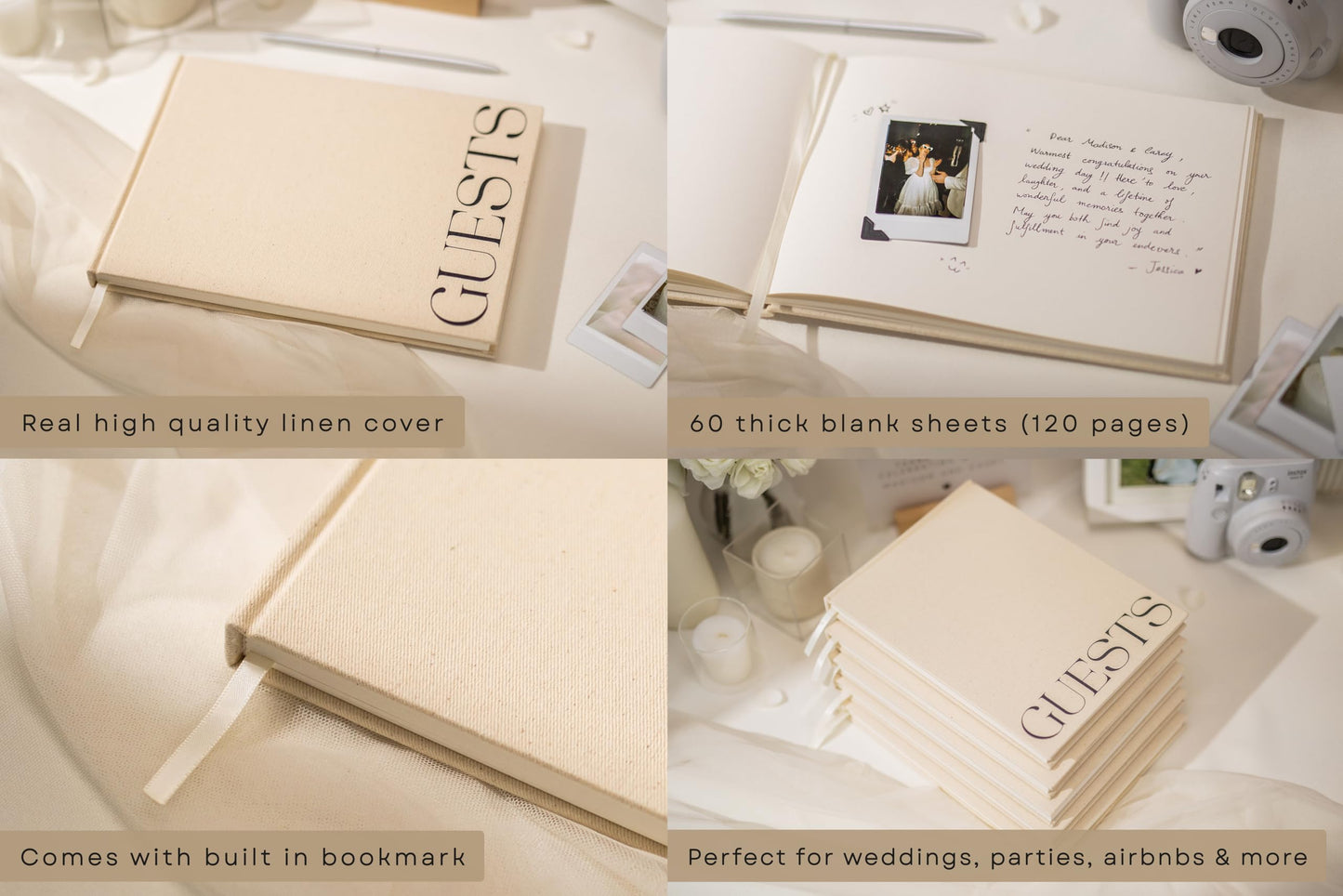 Modern Album Designs Cream Guest Book with Black Sticker Sheets for Photos - 9.5 x 7 Real Linen Hardcover Guestbook for Wedding Ceremony Reception Signin, to Add Polaroid & Write Messages