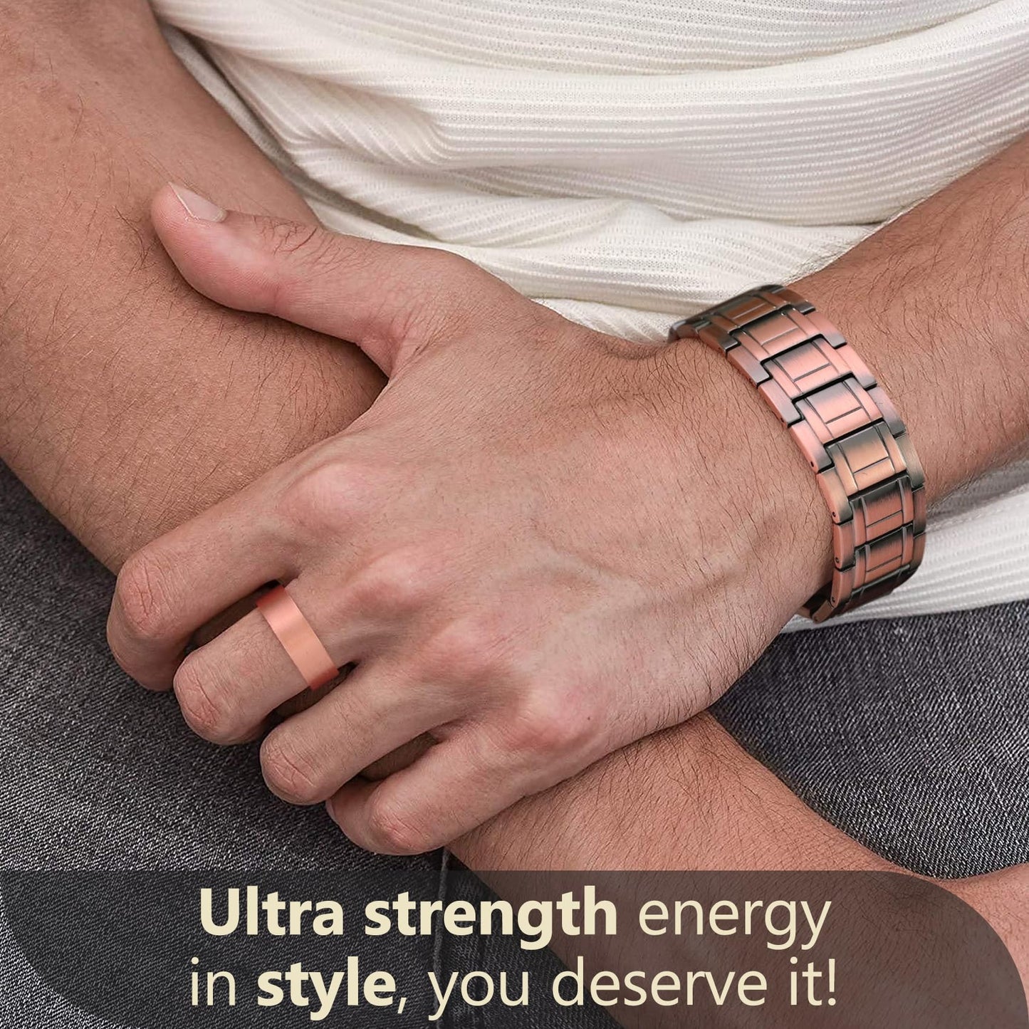 Feraco Copper Bracelets for Men & Copper Ring-Pure Copper Magnetic Bracelet with 57 Ultra Powerful 3500 Gauss Neodymium Magnets,Adjustable Wrist Bracelet,Gifts for Men (Copper with Ring)