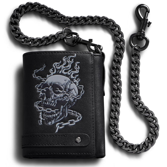 skneephate Men's Wallet With Chain Skull Trifold Wallets For Men,Soft Leather Wallet Chains Rfid Blocking Cool Mens Gift Idea (black)