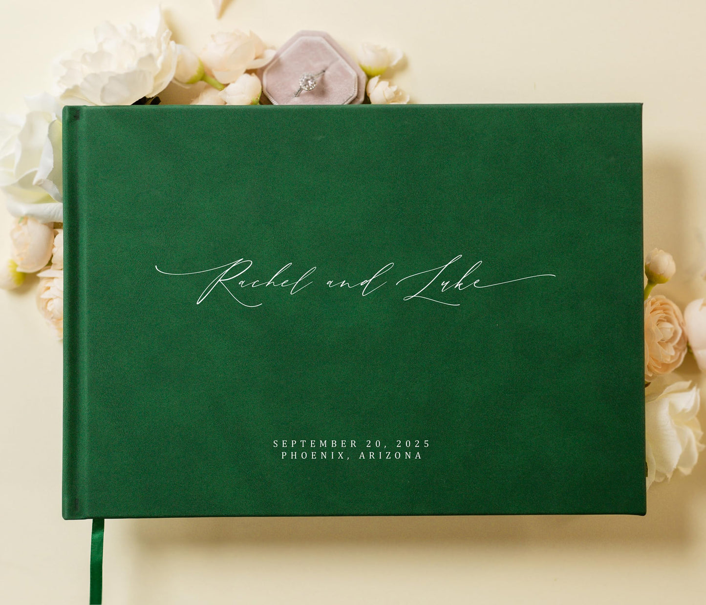 MUUJEE Personalized Guestbook in Emerald - Premium Custom Modern Guest Book for Wedding Reception, Birthday Party or Events w/Bookmark Blank Pages for Signing 11.5 x 8.5 inches