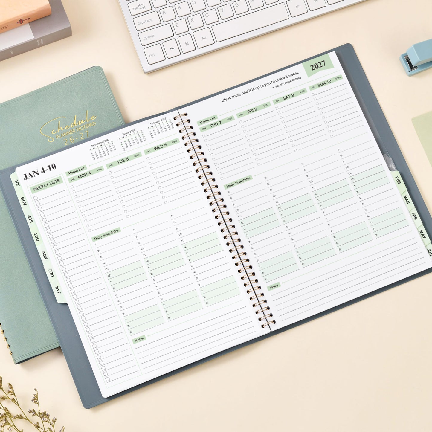 Appointment Book 2026-2027- Business Planner, JUL 2026 - JUN 2027,Planner 2026-2027, 3-Tier Schedule Planner, 8.74" x 11.38", 60 Minutes Intervals + Monthly Tabs + Leather Cover + Pocket - Pea Green