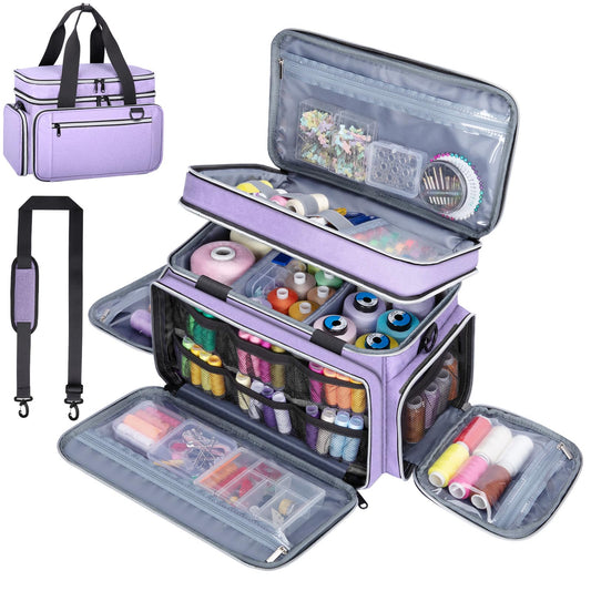 Anitor Large Sewing Supplies Organizer, Double Layer Sewing Storage Organizer with Two Detachable Dividers, Travel Sewing Bag Organizer with Shoulder Strap for Accessories, Pale Purple, (Bag Only)