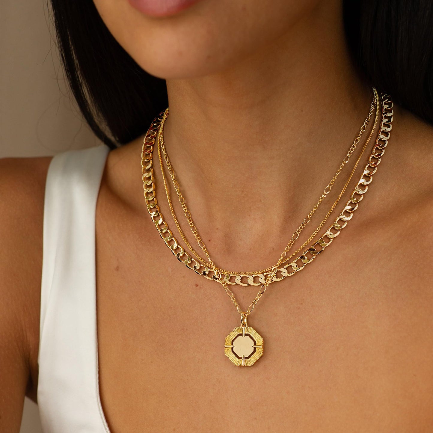 YOIHUR Layered Gold Necklaces for Women,14K Gold Plated Cuban Chain Trendy Layering Hexagonal Pendant Choker Necklace Set Jewelry for Women