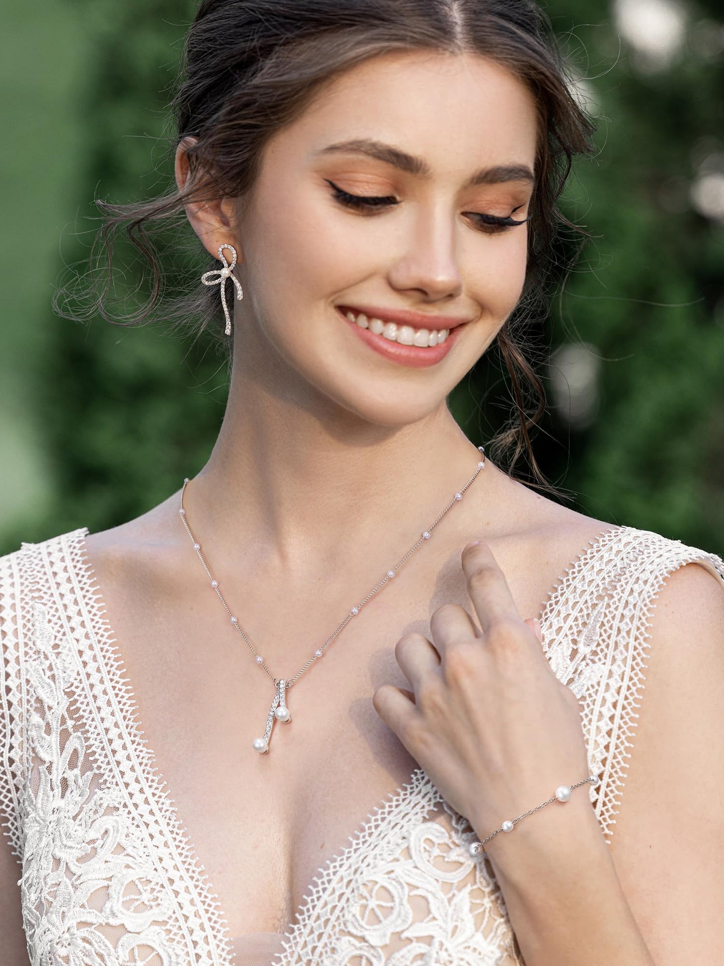 SWEETV Pearl Bridal Jewelry Set for Wedding, Bow Necklace and Earring Sets for Women Bridal Bridesmaid, Cubic Zirconia Silver Jewelry Set Wedding Prom Anniversary Jewelry Gifts