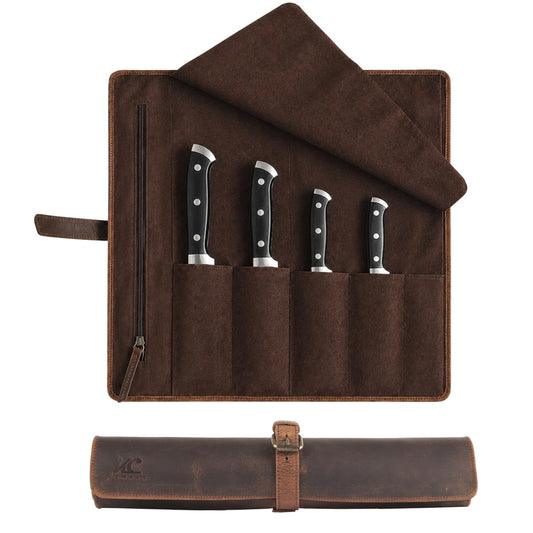 Leather Knife Roll Bag for Chefs – 17.5” x 17.5” Professional Chef Knife Storage Organizer, Portable Culinary Knife Case, Travel Knife Roll for Kitchen, BBQ & Catering