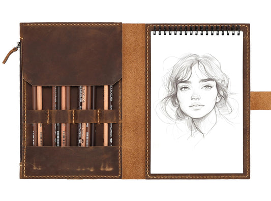 Fasjosma Leather Sketchbook Cover for A5/5.5"x8.5" Top Spiral Bound Sketch Pads - Handmade Genuine Leather Artist Case with Pencil Holder & Zipper Pocket, Professional Drawing Supplies