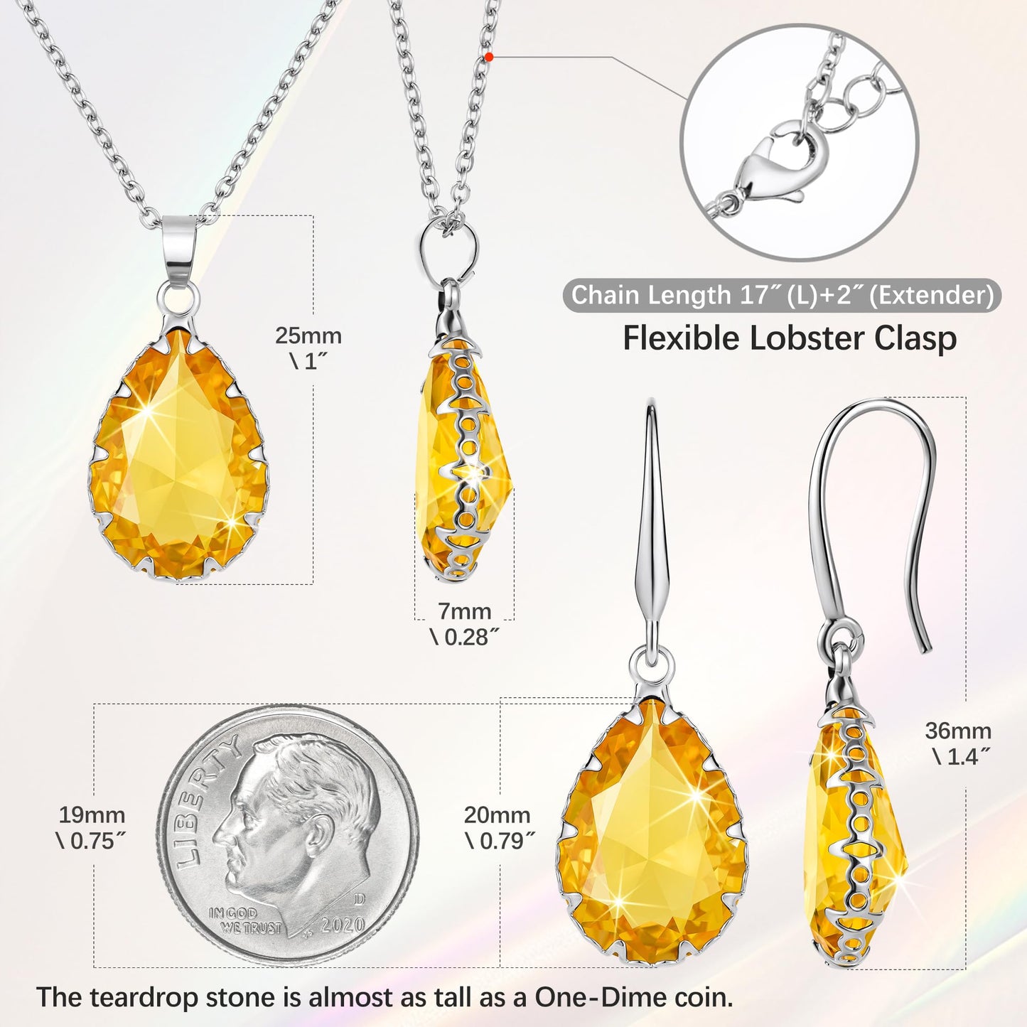 Linawe Yellow Jewelry Sets for Women, Silver Tear Drop Earring Set, Citrine Crystal Birthstone Imitation Diamond Pendant Necklace, Cubic Zirconia Rhinestone Costume Jewelry Set