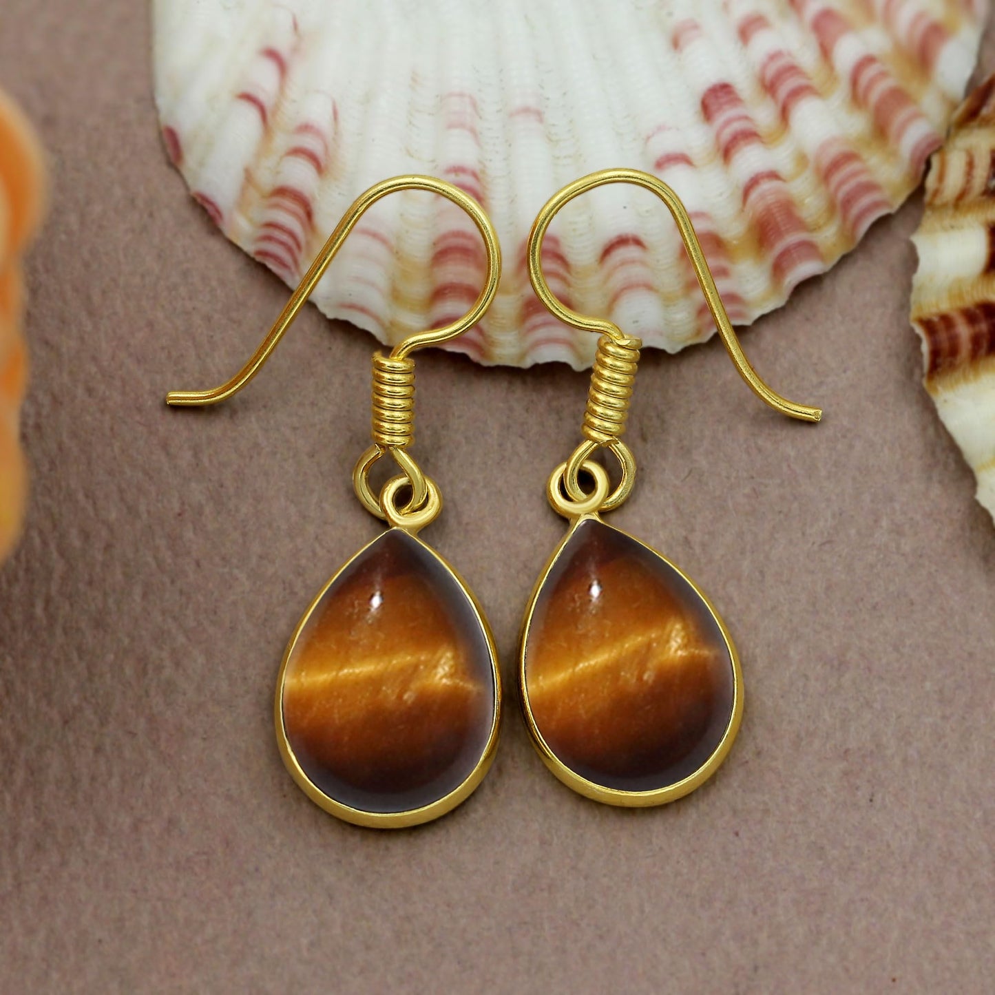 Natural Tiger Eye 14K Yellow Gold Plated Dangle Earrings for Women - November Birthstone Teardrop Shape Gemstone Handmade Earrings - Jewelry Gifts for Her Mom Wife Sister