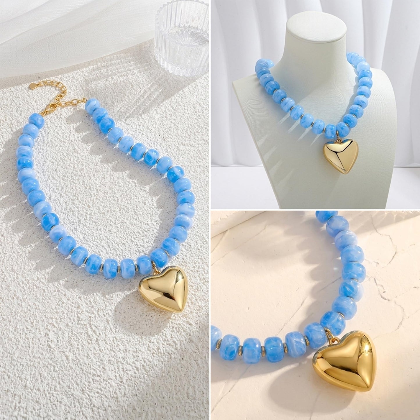 ENSKEFEN Chunky Gold Heart Pendant Necklaces for Women Bohemian Light Blue Resin Beaded Choker Necklace Trendy Chunky Statement Necklace Summer Beach Jewelry