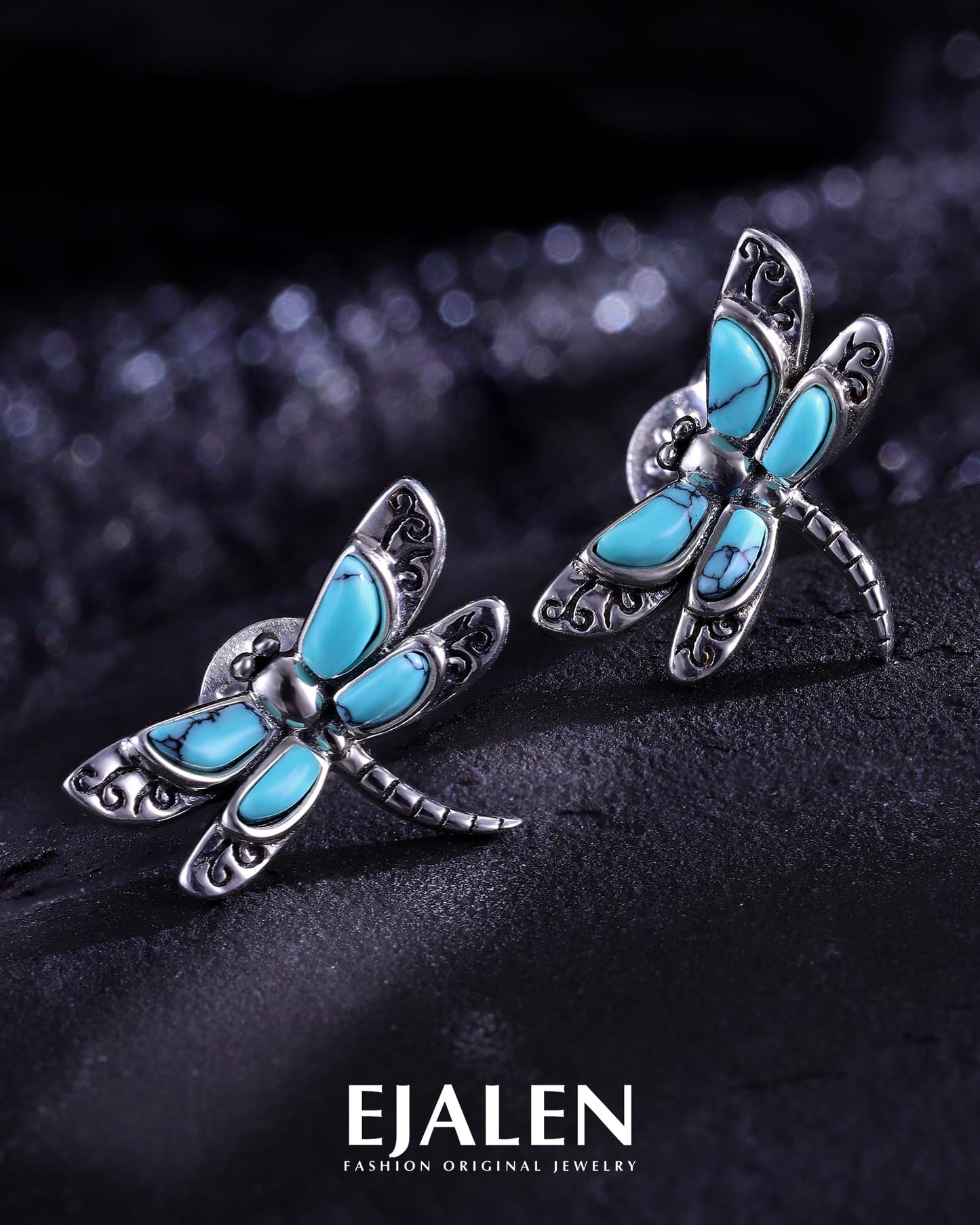 S925 Sterling Silver Turquoise Dragonfly Sunflower /Hummingbird/Butterfly/Cross/Anchor Earring Vintage Bohemian Jewelry Natural Drop/Stud Earrings Birthday Jewelry Gifts for Women (Dragonfly Turquoise Stud-Earrings)