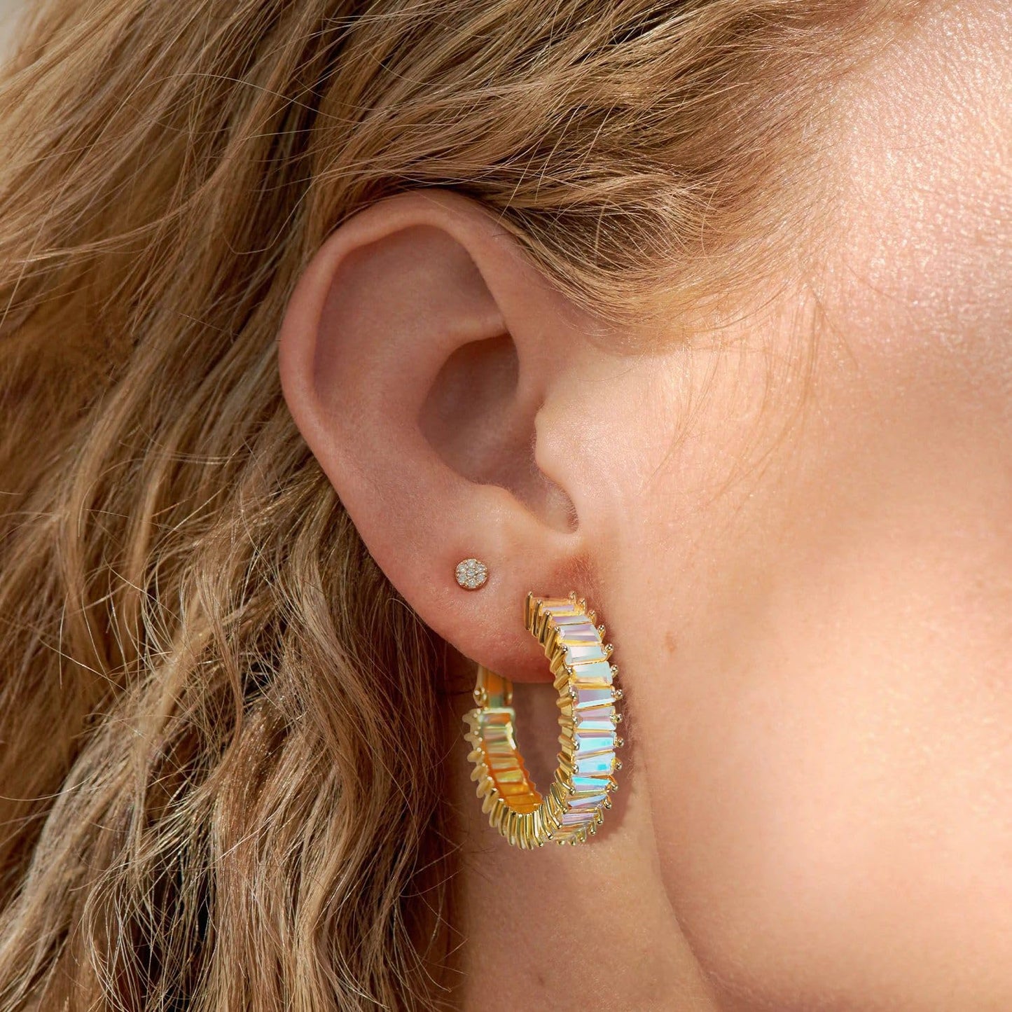 GLOQUAT Iridescent Earrings Aurora Borealis Crystal Hoop Earrings 14K Gold Plated AB Hoops for Women 925 Sterling Silver Post Trendy Colorful CZ Round Circle Hoops Aura Earring Jewelry 25mm