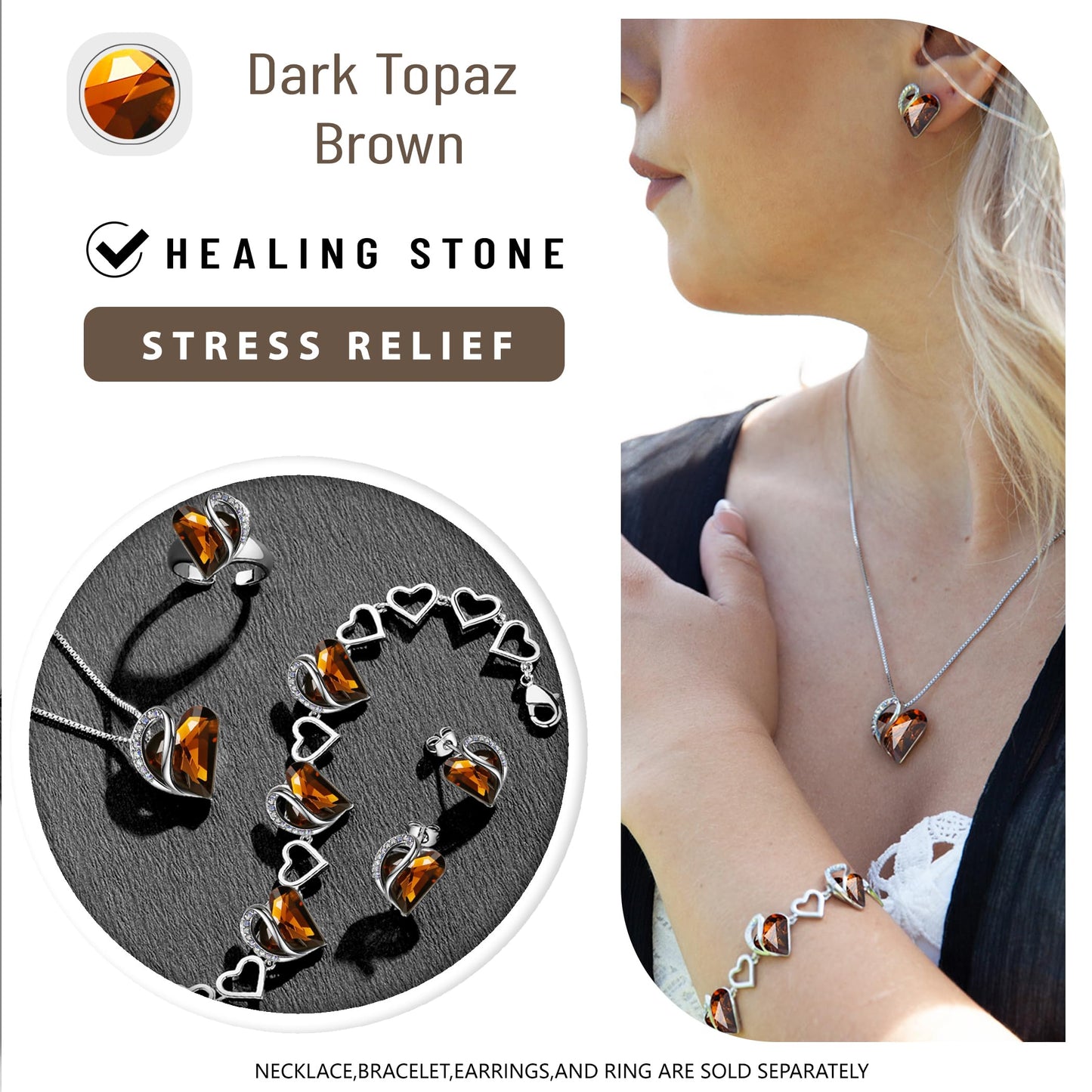 Leafael Gift Necklaces for Women, Infinity Love Heart Pendant, Dark Topaz Brown Healing Crystal for Stress Relief, Birthday Jewelry for Her, Mom, Wife, Silver Plated, 18" + 2" Chain