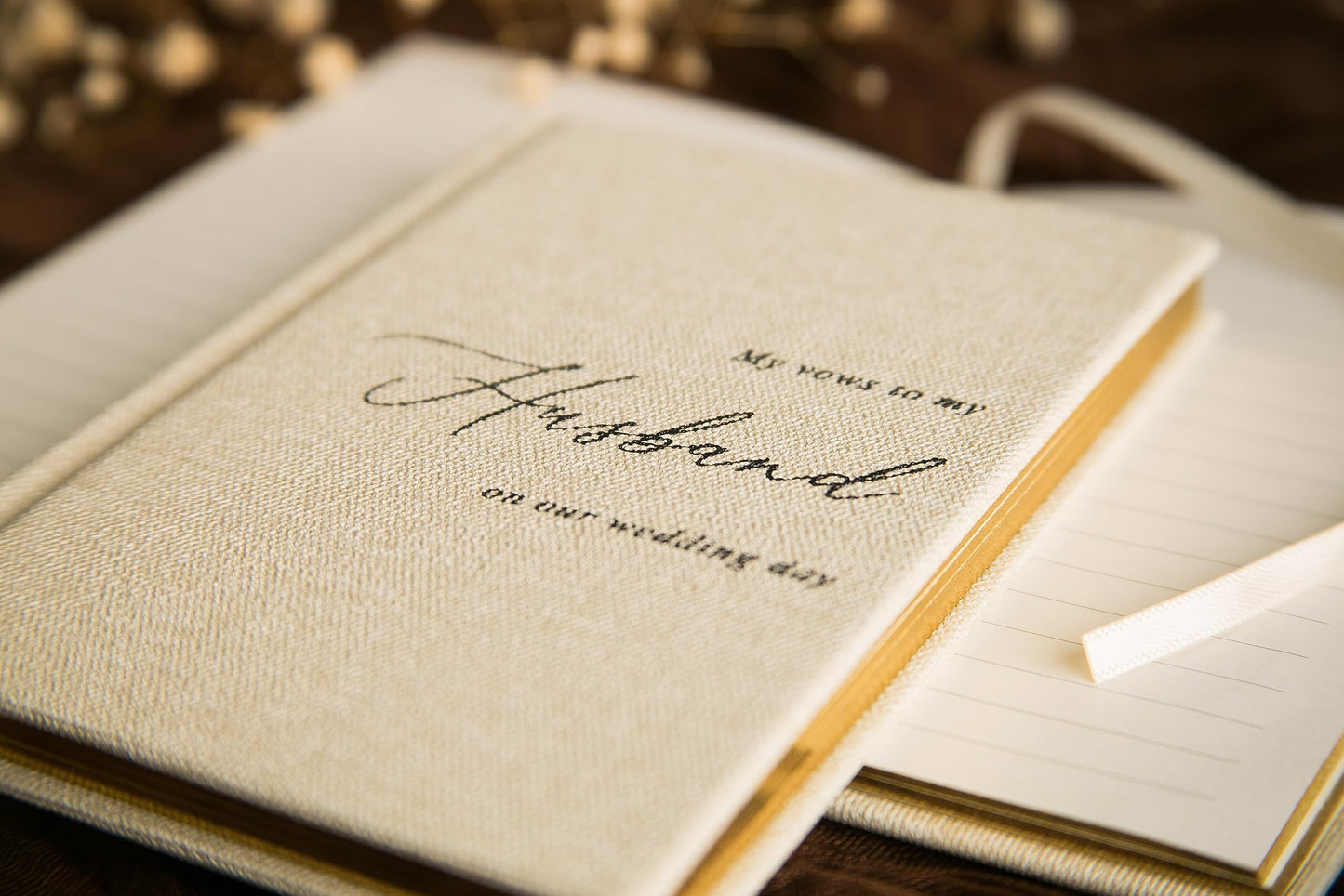 MUUJEE Hard Cover Vow Books (Set of 2) - Cream Canvas Linen Foil Embossed Wedding Ceremony Vow Renewal Speech Books, Couple Gifts for Engagement (to My Husband/Wife)