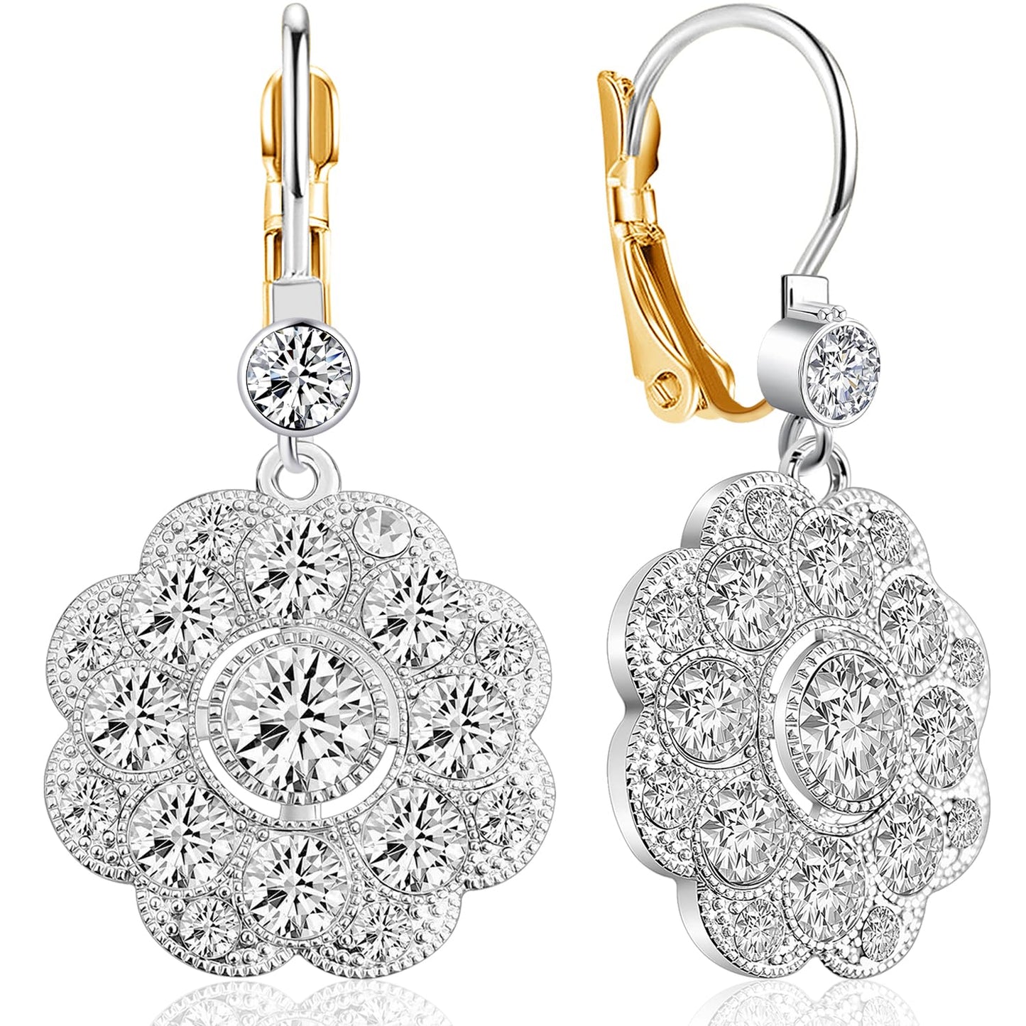 JNONL Vintage Silver Sparkly Crystal Camellia Flower Leverback Earrings Rhinestone Snowflake Round Dangle Drop Earrings for Women (Silver 4)