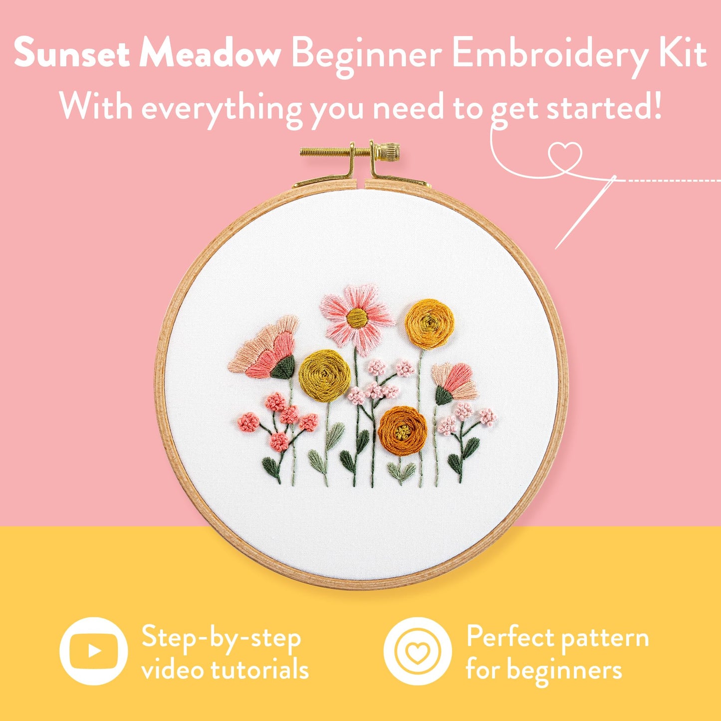 Clever Poppy Sunset Meadow Beginner Embroidery Kit – Easy Embroidery Kit for Beginners with Hoop, Thread & Patterns – Hand Embroidery Kit for Adults and Teens – Complete Embroidery Starter Kit
