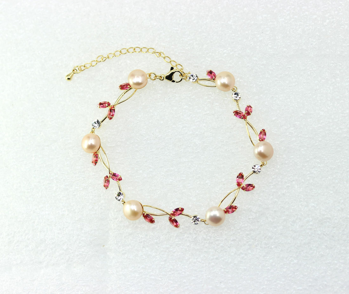 Faship Pink CZ Crystal Genuine Freshwater Pearls Floral Bracelet 7.5" - 9.5" - Rose/Gold-Plated/Matching Bracelet