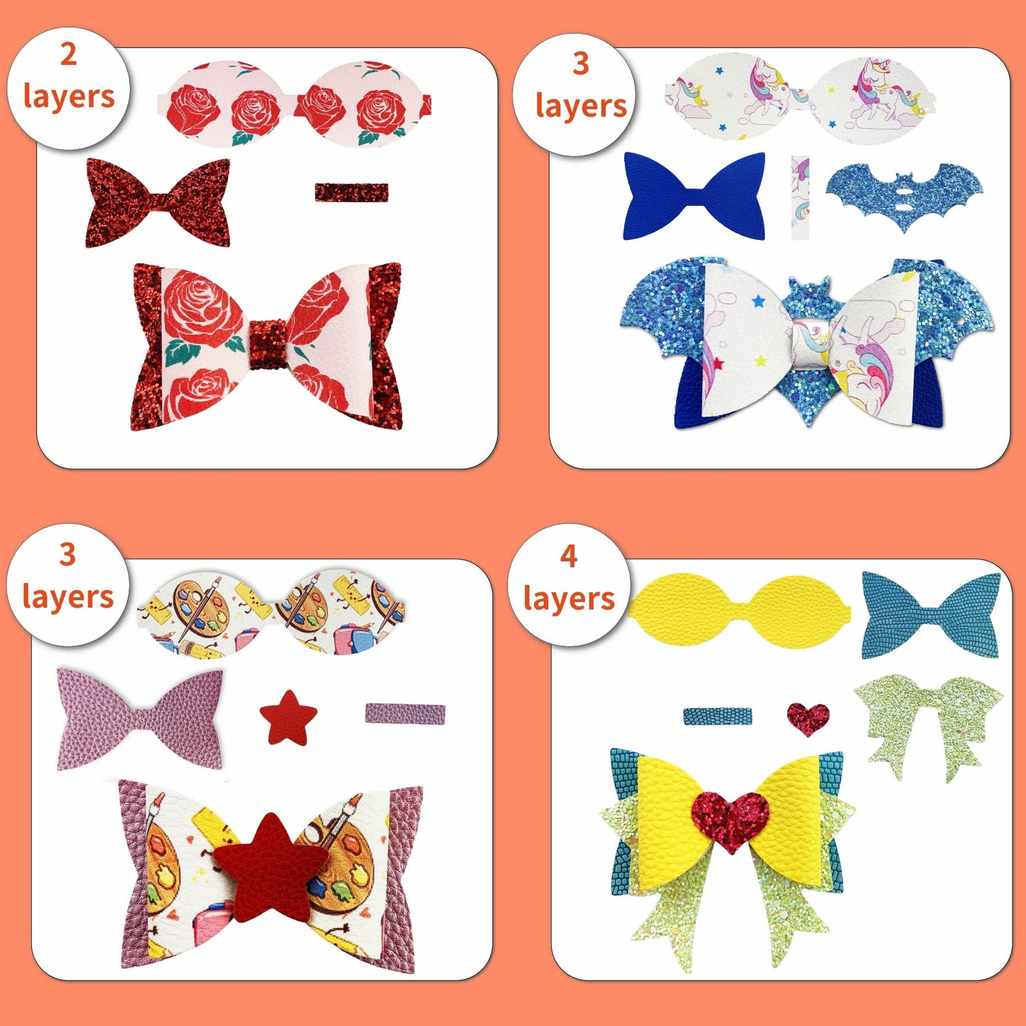 AOUXSEEM 348 Pcs 60 Set Faux Leather Hair Bows DIY Making Kit for Beginners, Contains Assorted Random Printed Glitter Solid Fabric Pre Cut Pieces, Make Stylish Hair Clips
