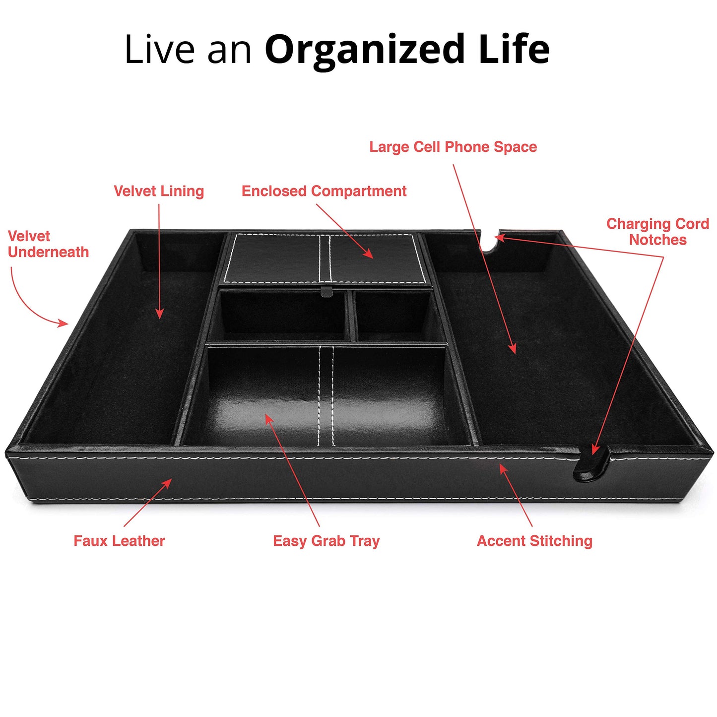 ULTRAY, Valet Tray for Men, Nightstand Organizer, Entry Table Organizer, Catch All, Black Faux Leather Box, 6 Compartments