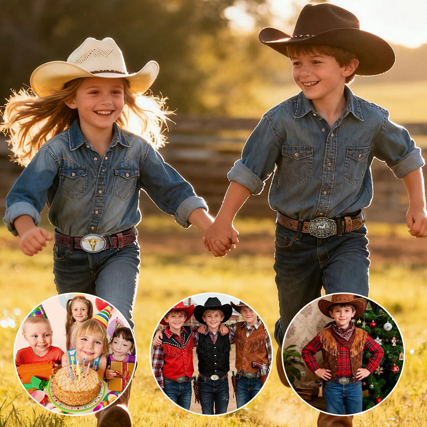 SANSTHS Kids Western Belt without Buckle Genuine Leather Boys Girls Belt Strap Cowgirl Cowboy Belts for Jeans Western Gifts, Embossed Leaf/Black