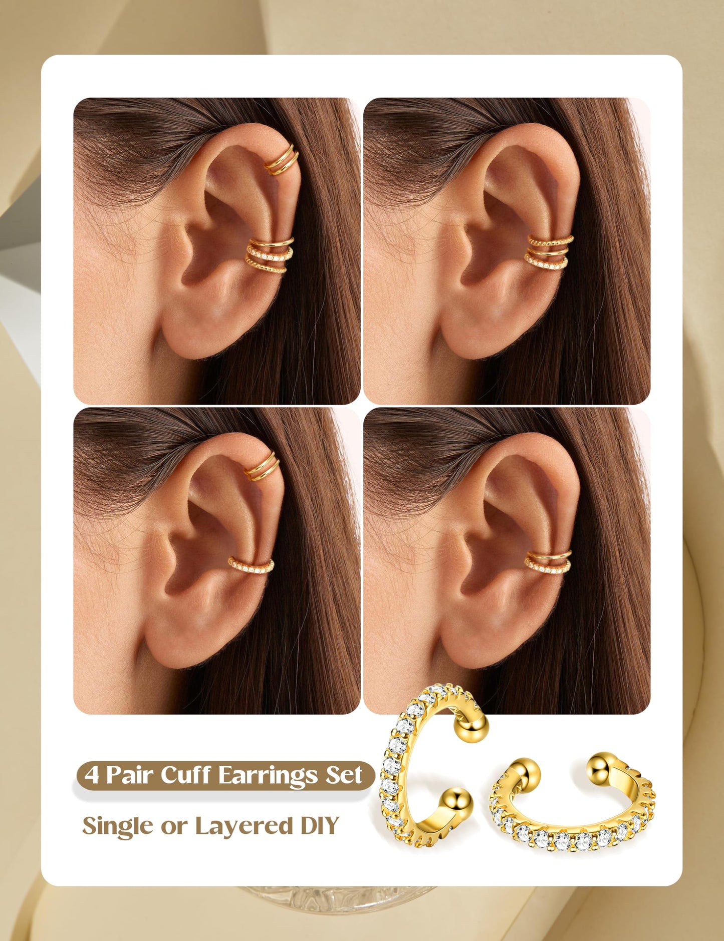 LOLIAS 4 Pairs Ear Cuffs Non Piercing - White Gold Plated Ear Cuff Earrings for Women Ear Cuff for Non Pierced Ears Clip on Cartilage Earring Double Adjustable Fake Earrings Set
