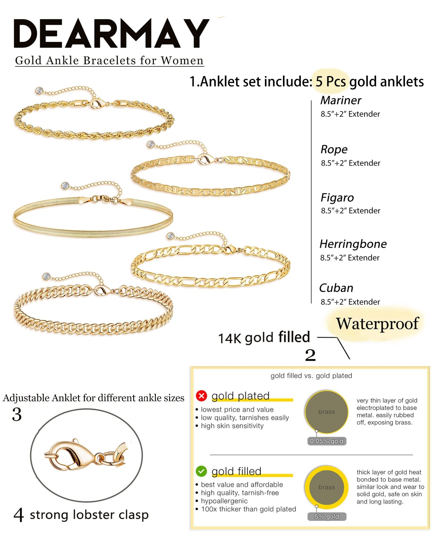 DEARMAY 14K Gold Plated Anklets Waterproof Ankle Bracelets for Women Cuban Link Anklet Bracelets Cute Figaro Paperclip Rope Herringbone Set Jewelry