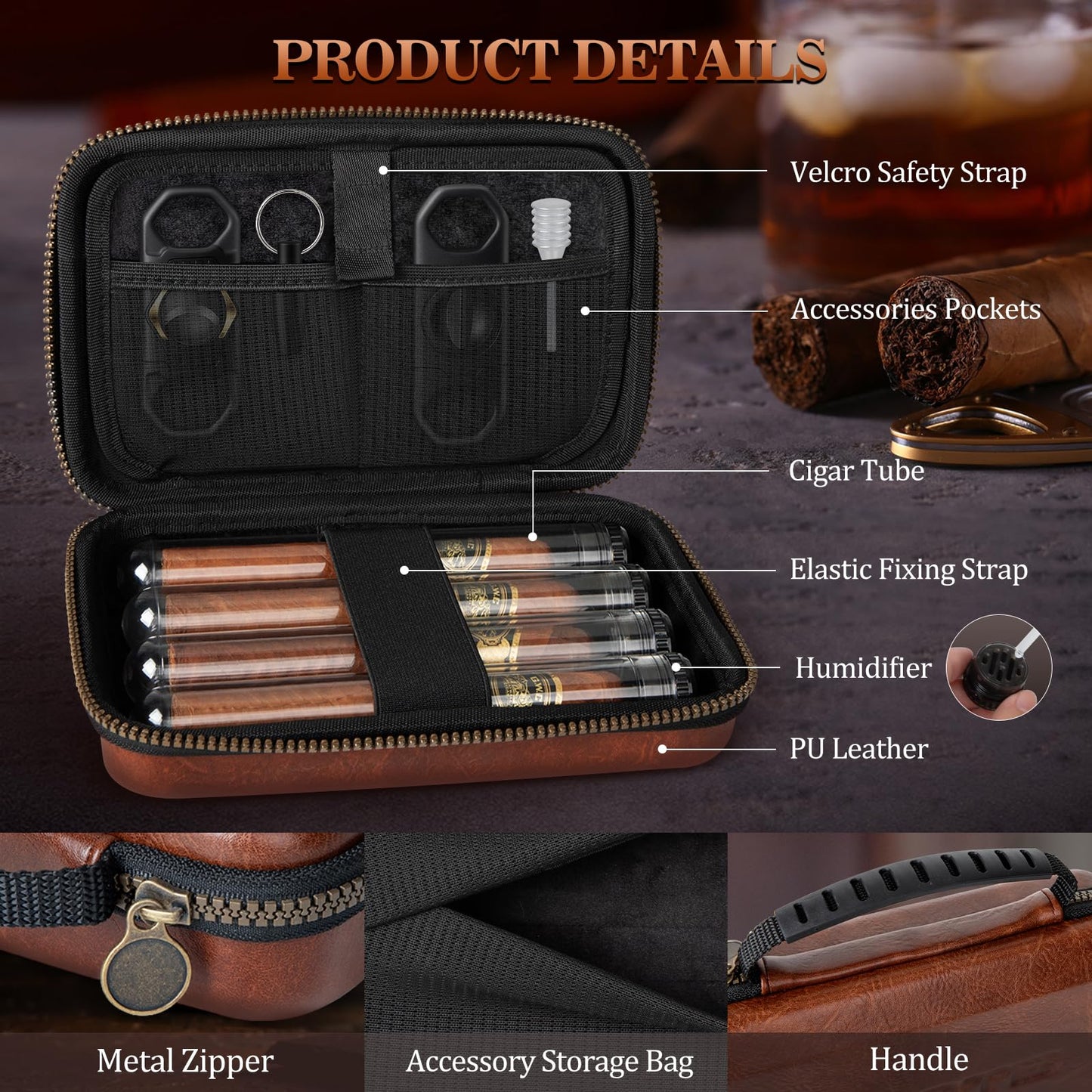 AWOTE Travel Cigar Humidor Case, Portable Cigar Bag with 4 Cigar Tubes, Leather Cigar Case Include Straight Cutter, V Cutter, Hole Puncher, Gift Set for Cigar Lovers, Lighter not included (Brown)