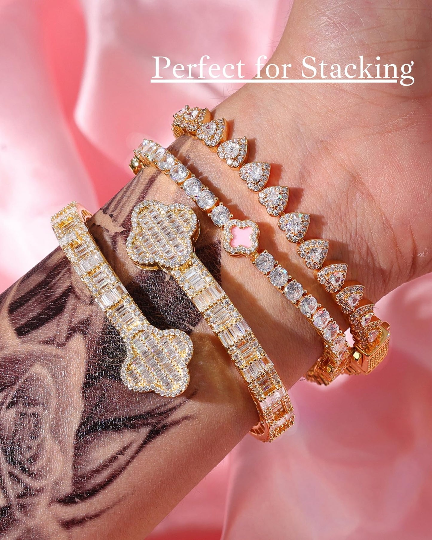 LuxeFlex 4mm Iced Out Clover Tennis Bracelet, White Gold Plated with 5A Zircon Stones, Handmade exquisite Hip Hop Jewelry, Perfect Unisex Gift (Gold-Pink,7)