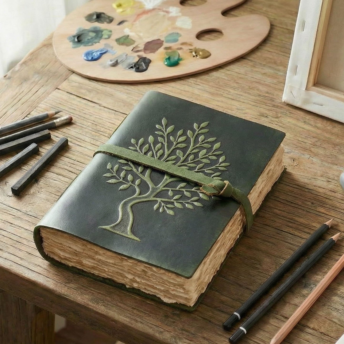 LEATHER VILLAGE Tree of Life Handmade Leather Bound Vintage Journal for Men & Women - 200 Pages Antique Deckle Edge Handmade Paper- Book of Shadow - Green - 6X4 Inches