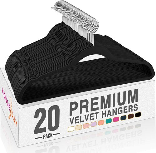 HOUSE DAY Premium Velvet Hangers - Non-Slip Flocked Clothes Hangers for Space Saving | 20 Pack, Black