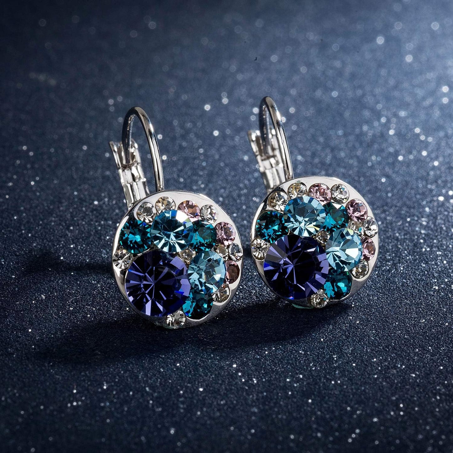 Multicolored Austrian Crystal Drop Earrings for Women 14K Gold Plated Hypoallergenic Leverback Dangle Earrings (Purple Main Crystal/Silver-tone)