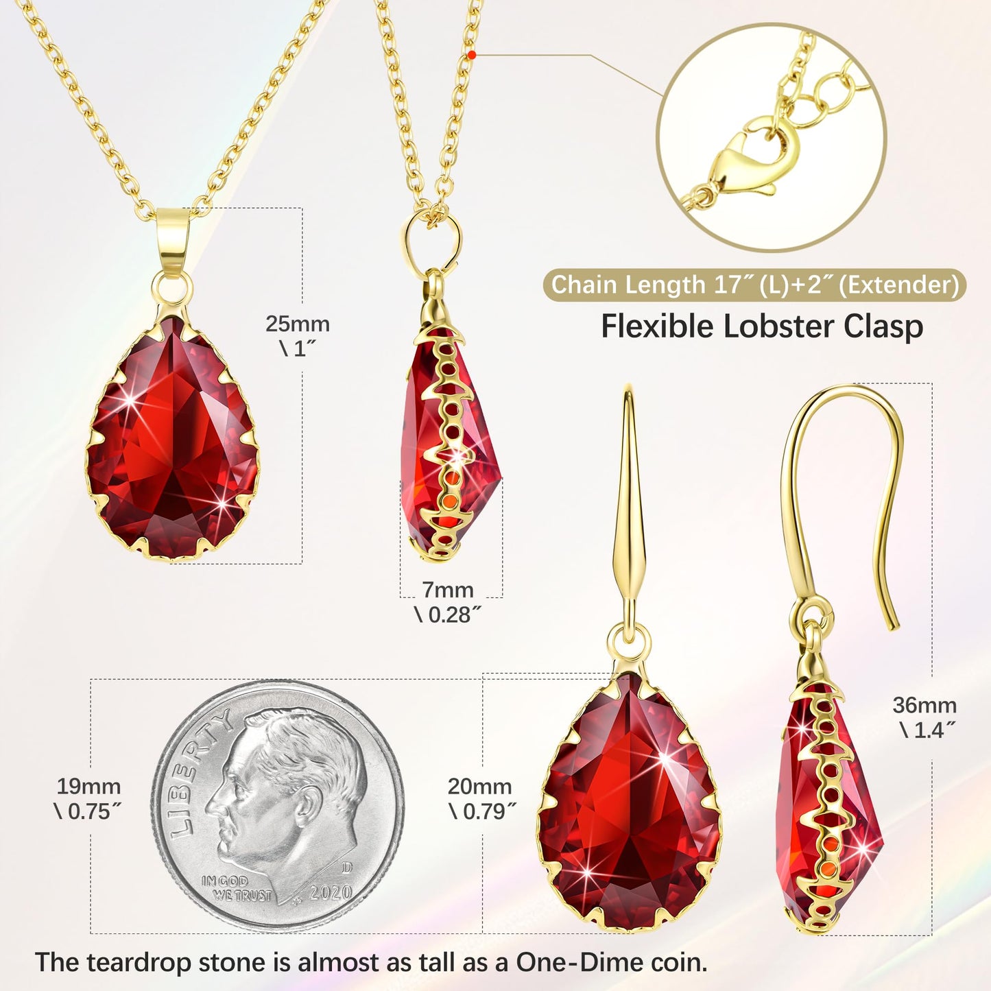 Linawe Ruby Crystal Wedding Jewelry Sets for Women, Garnet Imitation Diamond Pendant Necklace Set, Gold Drop Dangle Red Earring Set, Boho Teardrop Rhinestone Birthstone Jewelry Set