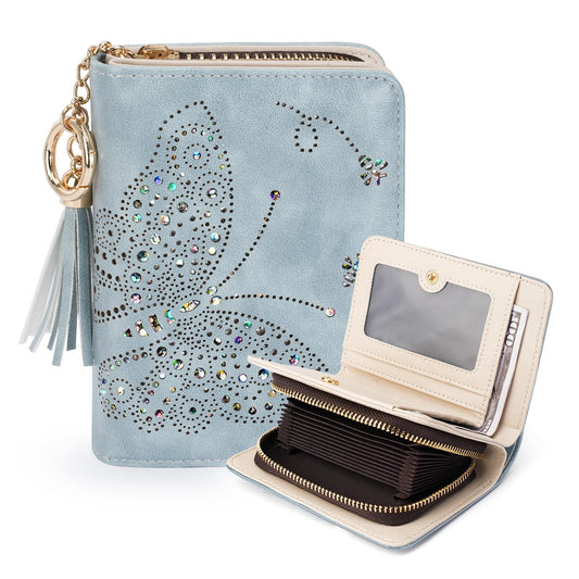 KITEVIUN Women RFID Blocking Small Bifold Wallet, Compact Cash Clutch with Zipper Coin Pocket, Glittery Butterfly Design, Credit Card Holder, Travel Purse with Tassel BLUE