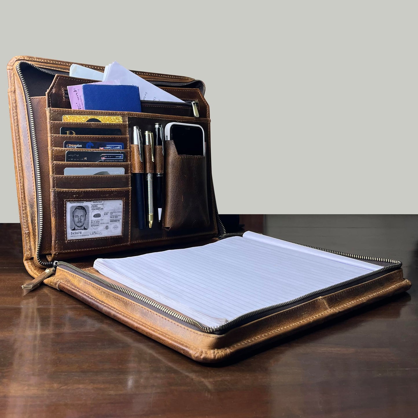 Leather Portfolio for Men - Full Grain Leather Padfolio Folder - Zipper Folio Documents Organizer - Professional Business Executive Gift for Men Women