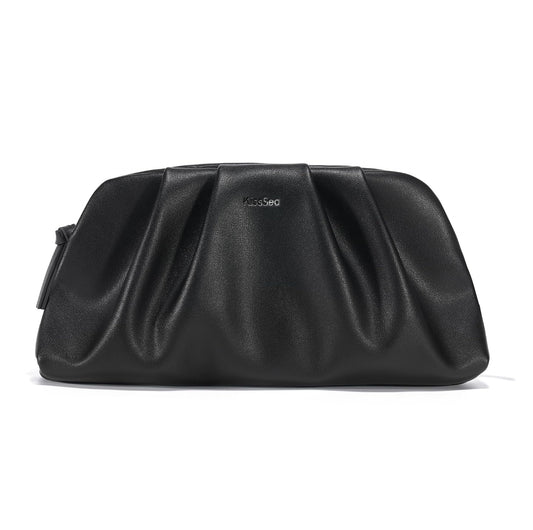Kiss Sea Zipper Purses for Women Soft Pleated Vegan Leather Crossbody Bags Small Evening Bag for Cocktail Parties Black