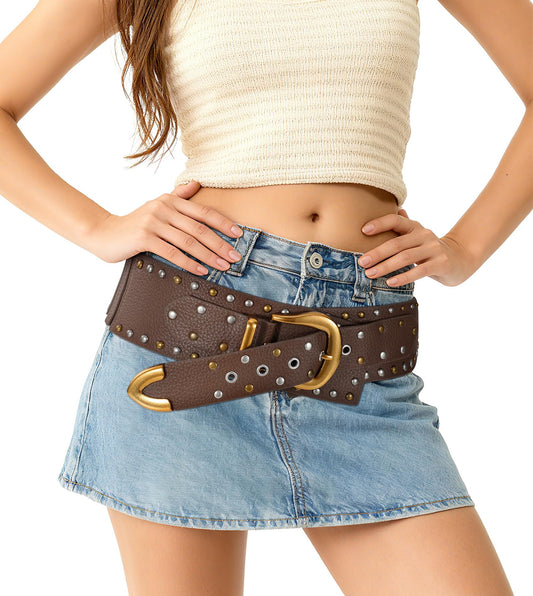 XZQTIVE Women Vintage Wide Elastic Studded Belt for Dress Outfit Western PU Leather Waist Corset Belt with Matte Gold Buckle