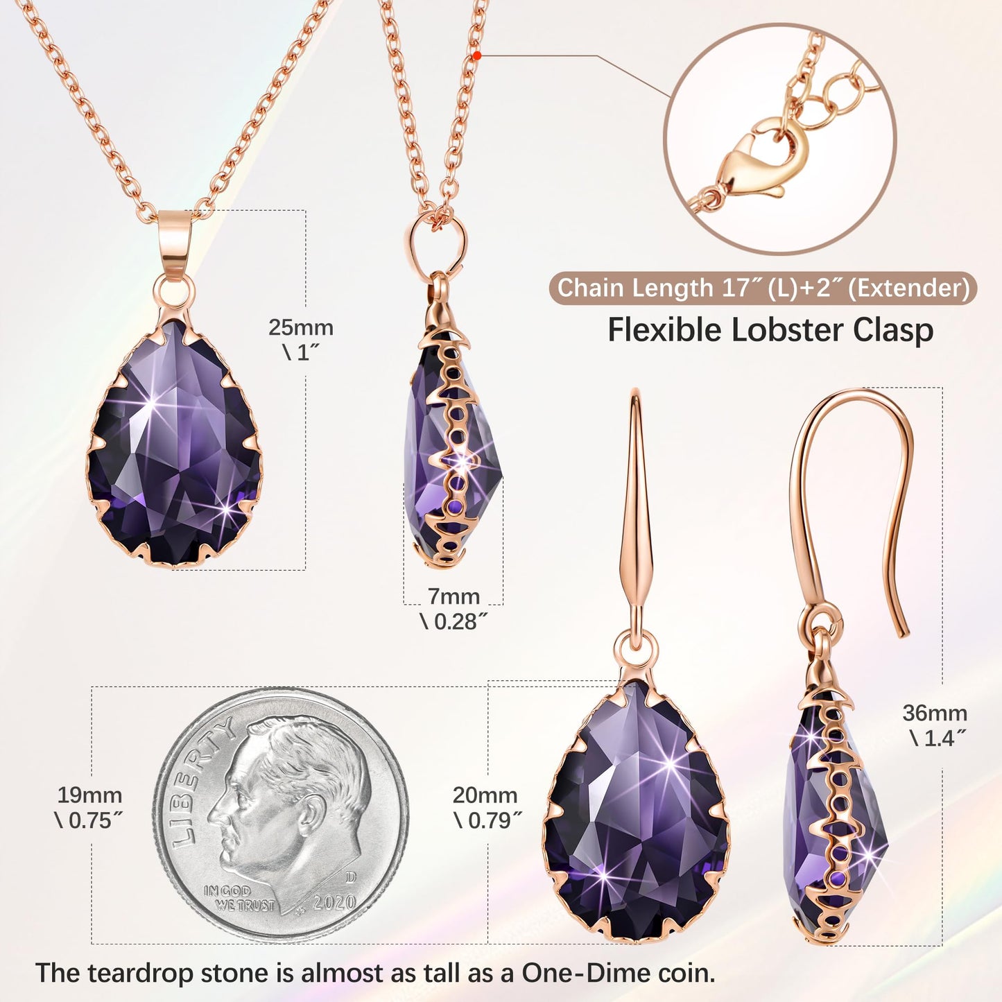 Linawe Amethyst Crystal Rose Gold Jewelry Sets, Purple Pendant Necklace, Lavender Imitation Diamond Rhinestone Dangle Earrings, Boho Wedding Set Teardrop Cubic Zirconia Birthstone