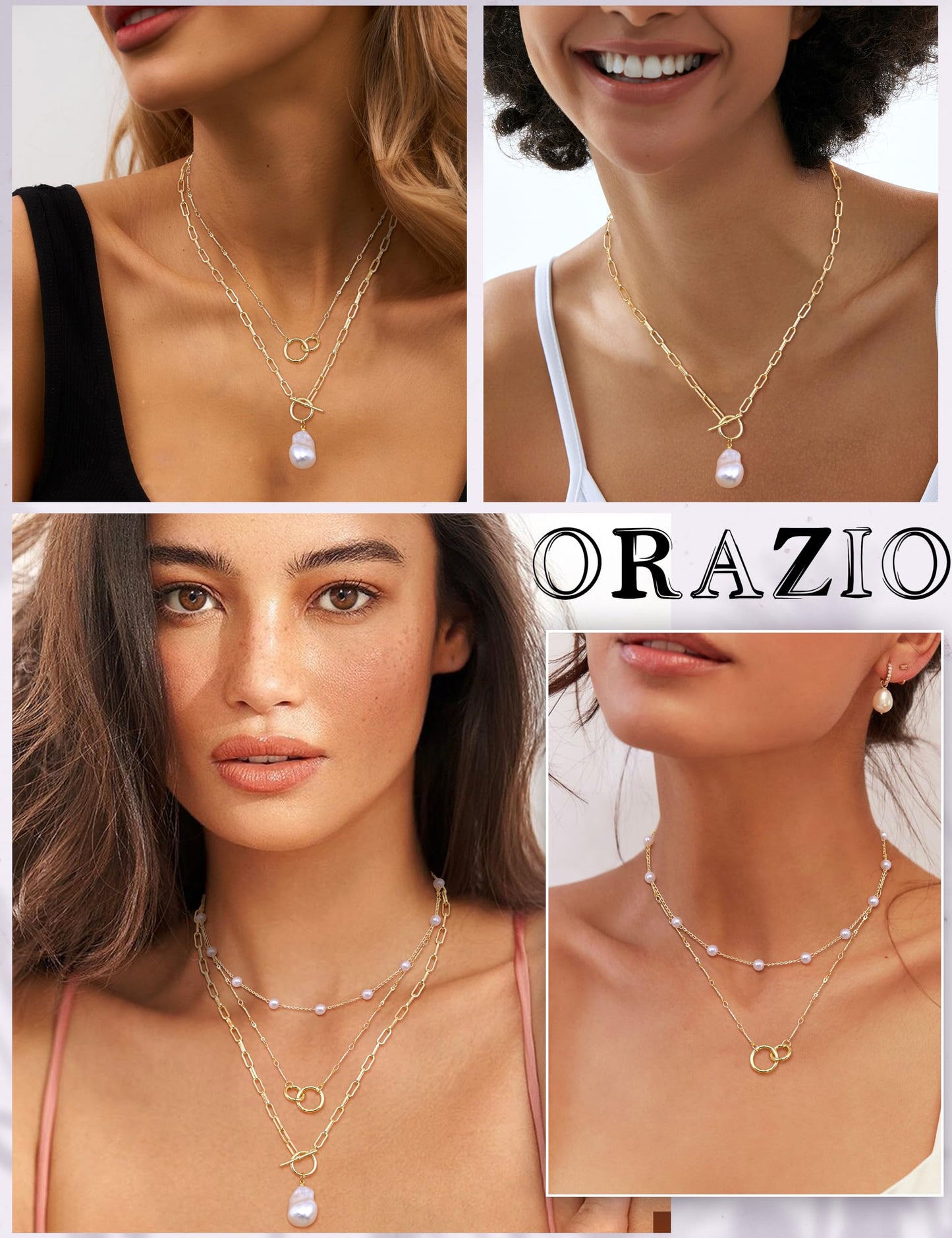 ORAZIO Layered 14K Gold Plated Necklaces for Women Dainty Necklace Stack Silver Plated Non Tarnish Free Pendant Chunky Chain Pearl Paperclip Cross Heart Necklace Set for Women B