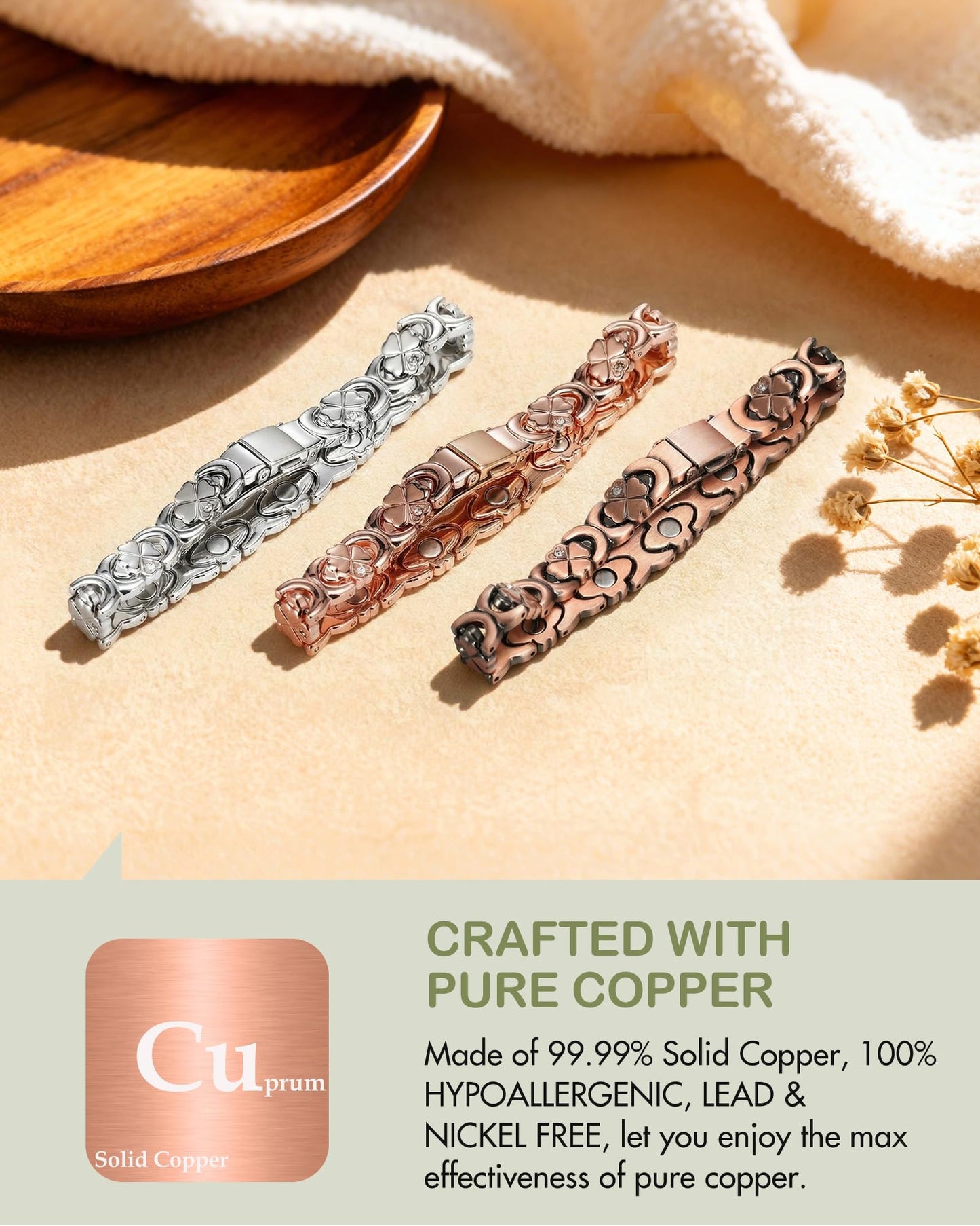 Feraco Pure Copper Bracelets for Women, Ultra Strength Magnetic Bracelet for Women with 3800 Gauss Magnet & Sparkling Cubic Zirconia, Flower Jewelry Gift, Infinite Symbol (Silver)