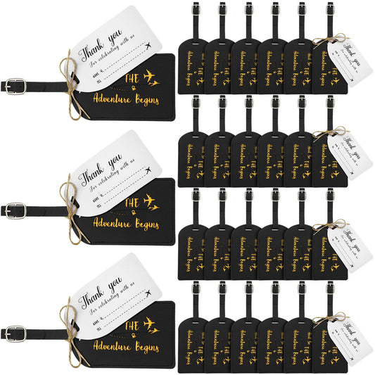 Sweetude 48 Sets Leather Luggage Tag Bulk and So The Adventure Begins Luggage Tags with Name Card for Wedding Bridal Shower Bachelorette Honeymoon Travel Graduation Gifts(Black)