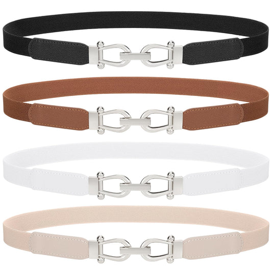 TRIWORKS 4 Pack Skinny Elastic Belts for Women Silver Buckle Thin Stretchy Waist Belts for Dresses