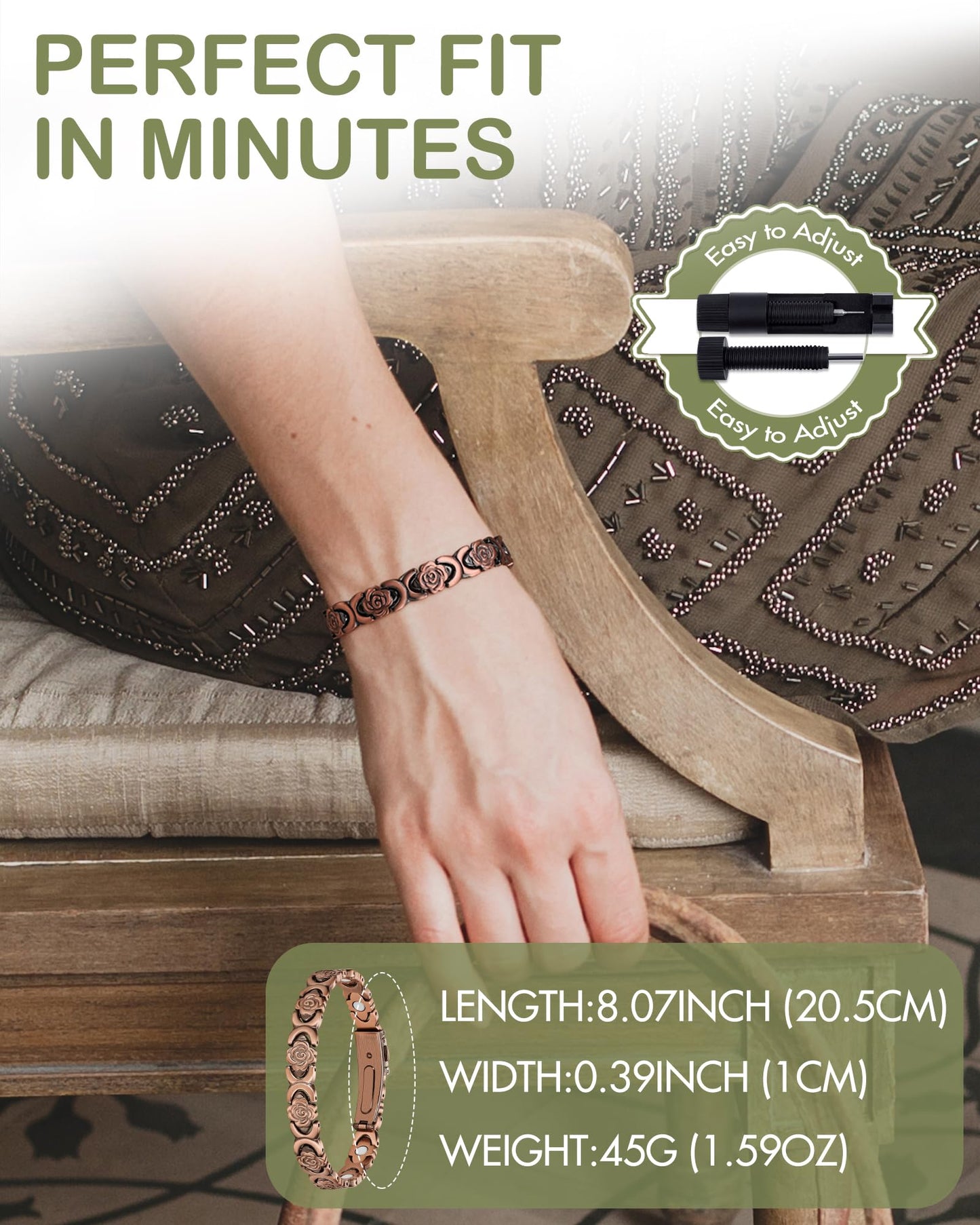 Feraco Pure Copper Bracelets for Women, Ultra Strength Magnetic Bracelet for Women with 3800 Gauss Magnet, Adjustable Flower Real Copper Jewelry Gift with Infinite Rose-Engraved (Copper)