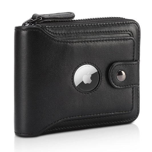 Polare Napa Leather Wallet for Men Bifold RFID Blocking Cash Credit Card Case with Air Tag Slot and YKK Zip Coin Pocket (Black with AirTag Slot)