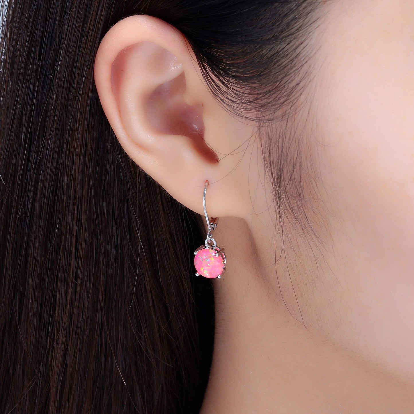 CiNily Round-Cut Opal Dangle Earrings, Pink Fire Opal Rhodium Plated Women Jewelry Leverback Gemstone Small Drop Earrings