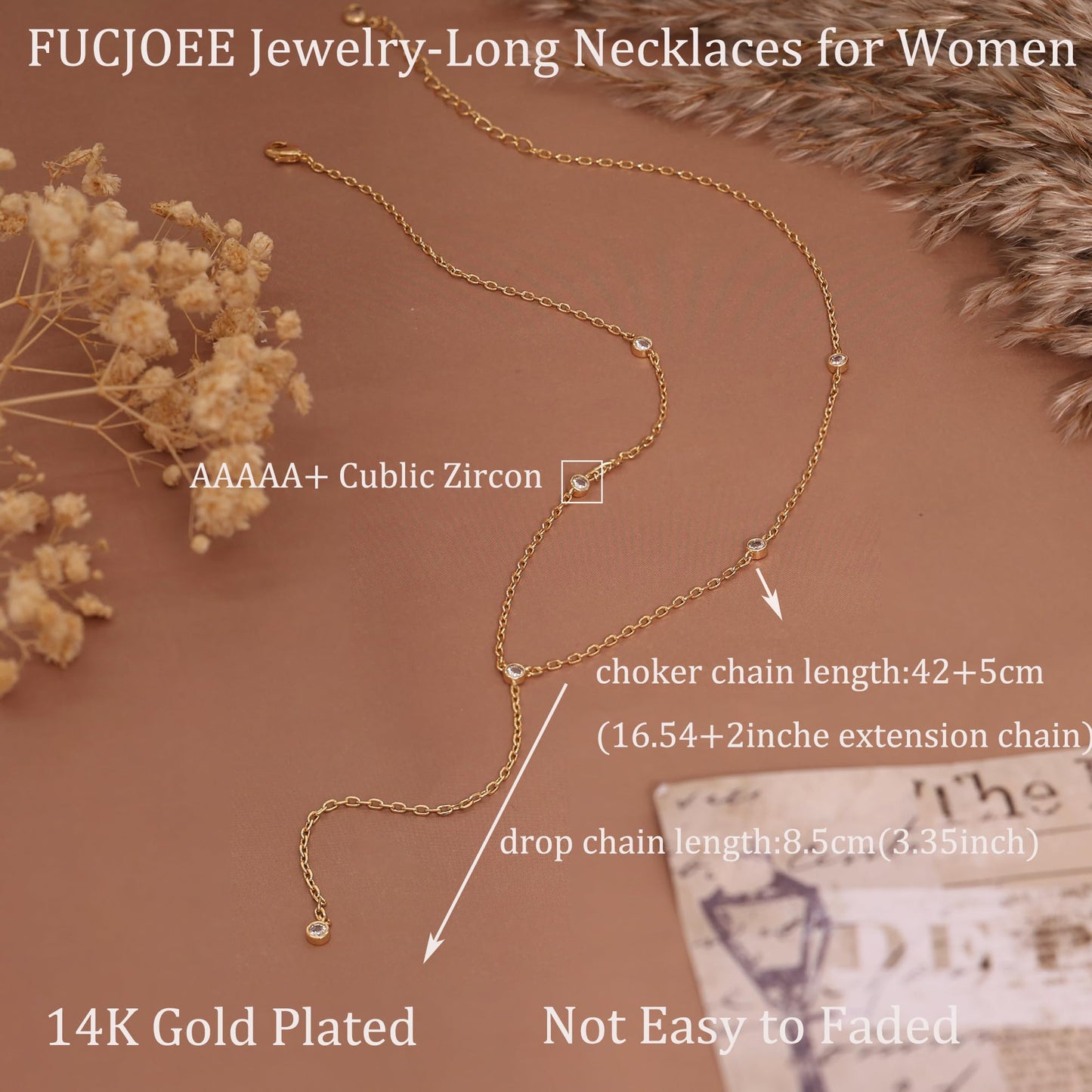 FUCJOEE Dainty Gold Necklace for Women, 14K Gold Plated CZ Y Shaped Lariat Necklace Cute Long Necklaces for Women Trendy Simple Drop Necklace Summer Gold Jewelry Gifts