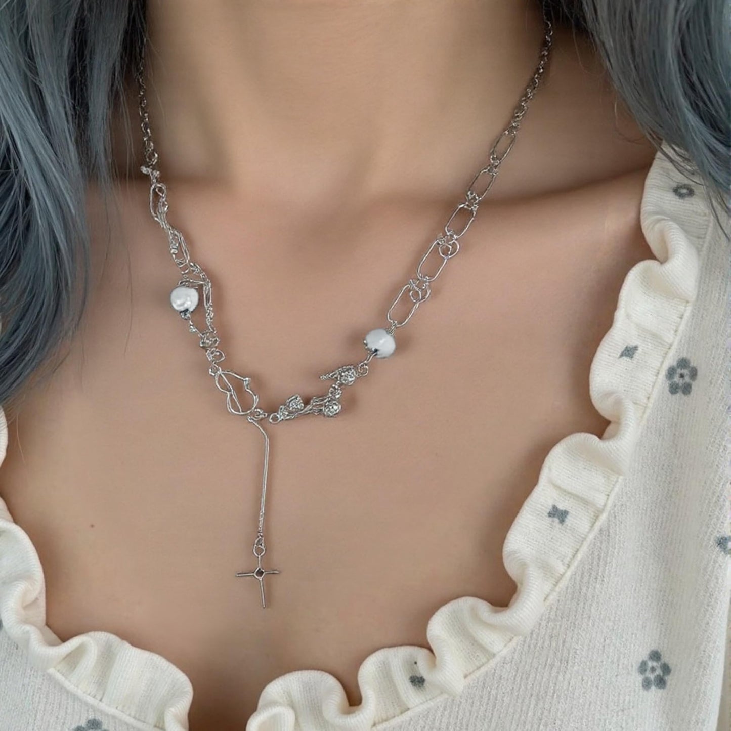 Buyongwant Irregular Necklace Wrapped Cross Y2k Aesthetic Necklace Moonlight Stone Pendant Fashion Versatile Women's Jewelry