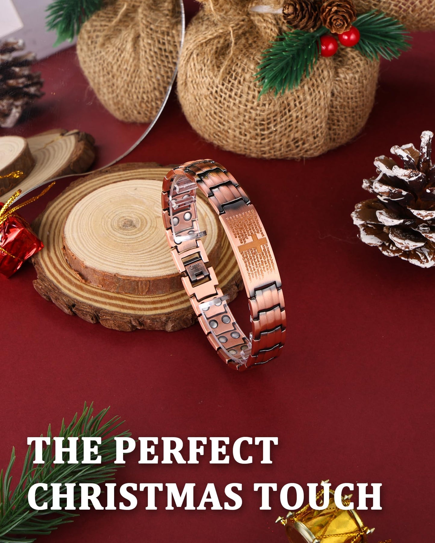 MagEnergy Copper Bracelet for Men, Christmas Gifts Box, Cross Copper Magnetic Bracelet with Ultra Strength Magnets, Adjustable Link Jewelry Box Gift (Sizing Tool)